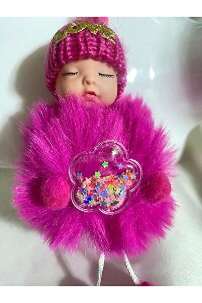 KANERUZ سلسلة مفاتيح من القطيفة على شكل طفل نائم مزينة بالترتر باللون الفوشيا