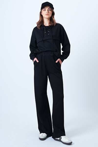 VAGGON Women's Black Hooded Bird-Eye Sweatshirt and Palazo Pants Modal Set Vs01174