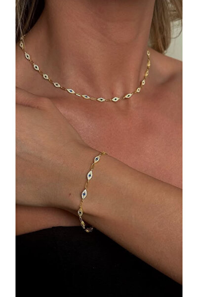 Wind Silver Lacivert Taşlı Set Sıra Sıra Nazar Kolye 925 Ayar