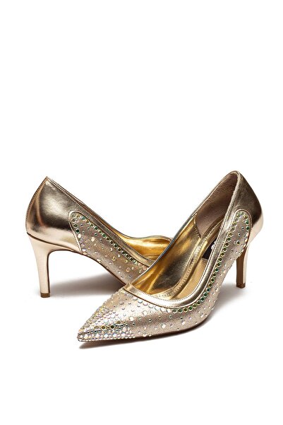 Dedos Gold Color Special Design Stone Embellished Heeled Women's Evening Dress Shoes 3025