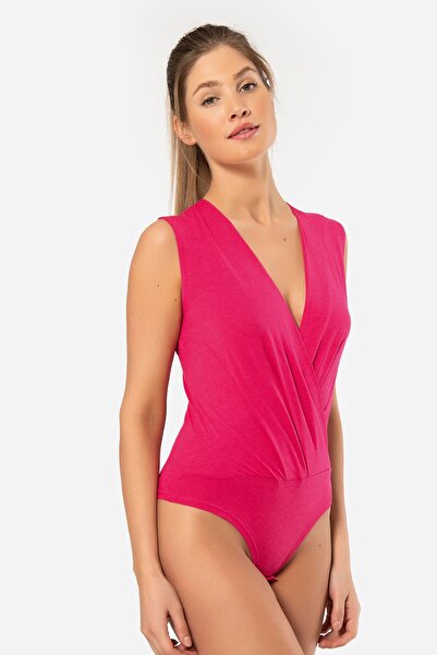 TÜREN Double-Breasted Collar Sleeveless Snap Fastener Bodysuit 3502/Fuchsia