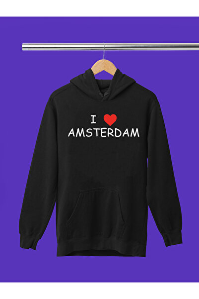 MAGORS قميص رياضي من القطن مطبوع عليه I LOVE AMSTERDAM بأكمام طويلة وقلنسوة ب...