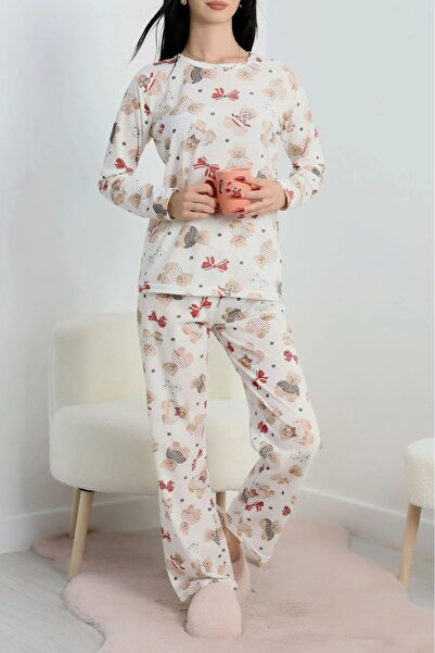 DAS KLEID Πυτζάμα Σετ Ποδηλατική Λαιμόκοψη Μακριά Μανίκια Κόκκινη Κορδέλα