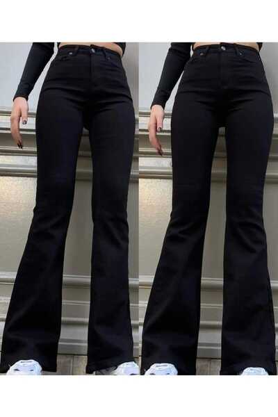 KAMİLKUNDURA Kadın Siyah Yüksek bel İspanyol Paça Kot Pantolon