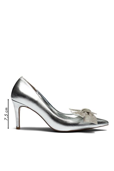 Dedos Silver Stone Bow Buckle Shiny Surface High Heel Women's Evening Dress Shoes 3005