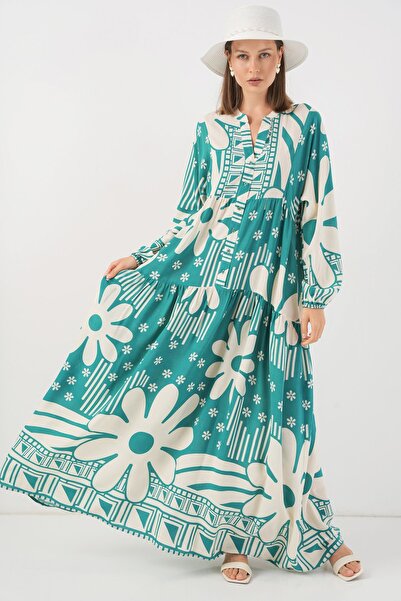 Hiccup Bdart Buttoned V-Neck Patterned Maxi Dress
