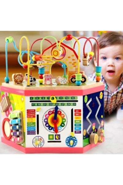 Picodino Montessori 7 in 1 wooden cube activity center, Hexagon