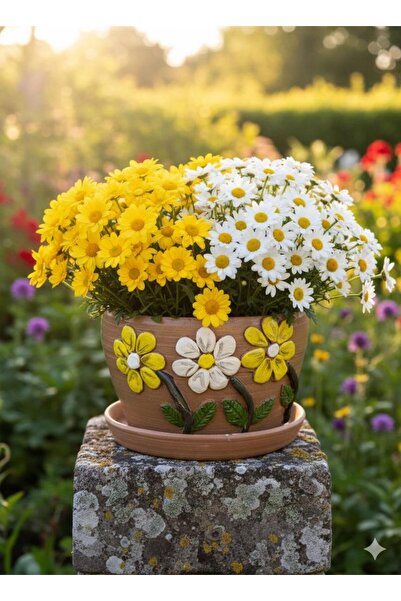 Comlekevi toprak saksı Kabartma çiçek desenli el yapımı Toprak saksı