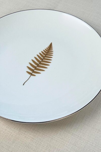 tabakevi Tabak Evi Porcelain Natura Fern Gold Gilded Serving Plate 24.50cm Set of 6