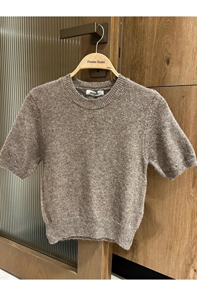 FEMMESTUDIO Γυναικεία πλεκτή μπλούζα με κοντό μανίκι με λάμψη βιζόν