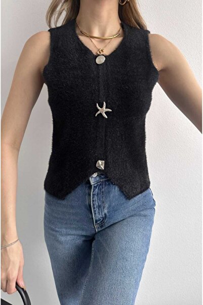 yeditepe fashion Asymmetrical Buttoned Soft Knit Vest