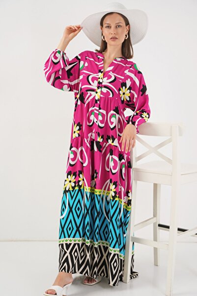 Hiccup Bdart Buttoned V-Neck Patterned Maxi Dress