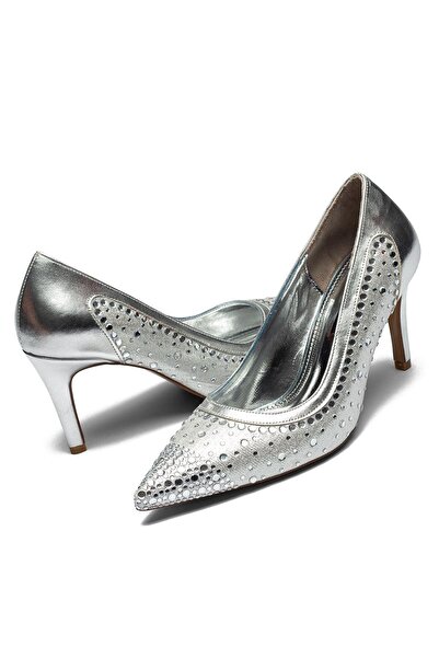 Dedos Silver Color Special Design Stone Embellished Heeled Women's Evening Dress Shoes 3025