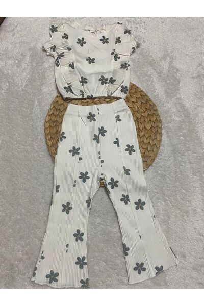 CANSU BUTİK Girl's Daisy Patterned Long Set with Elastic Sleeves and Ribbed Bottoms (5-F)