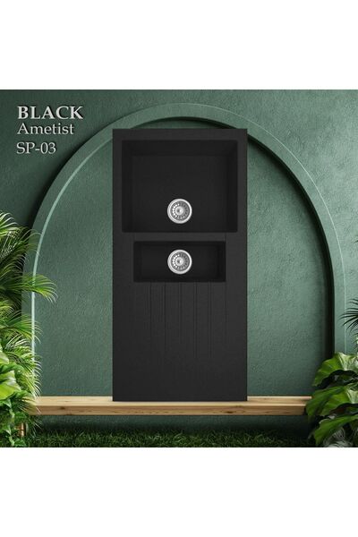 SYPRO Granit Eviye | Çift Hazne Izgaralı | Siyah | Ametist Sp03 | Evye