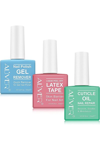 ALİVER مجموعة مكونة من 3 قطع لإزالة جل الأظافر، مزيل طلاء الأظافر مع زيت بشرة الأظافر ومجموعة شريط اللاتكس