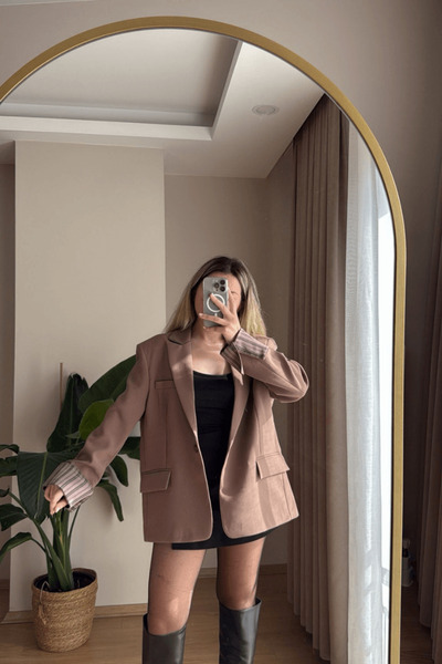 SEHOCO BUTİK Astarı Çizgili Açık Kahve Blazer (Premium)