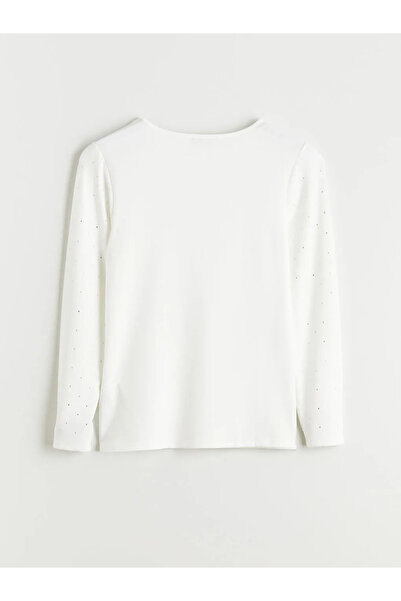 LC Waikiki LCWAIKIKI BasicEkru Bisiklet Yaka Taşlı Kadın Tişört