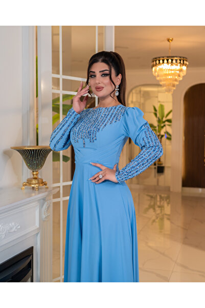 DADO BELLA İndigo Dubai Krep Kumaş A Kesim Kloş Etek Taş Detaylı Tesettür Abiye