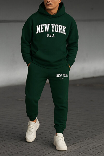 classy moda طقم رياضي رجالي مطبوع عليه NEW YORK U.S.A. يتكون من سترة بغطاء لل...