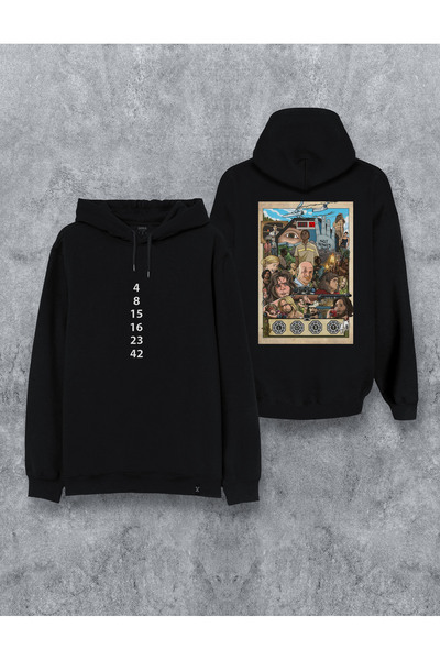 MODA Lost Dizi cu imprimeu Hanorac negru cu glugă Swea tricou Hanorac cu glugă