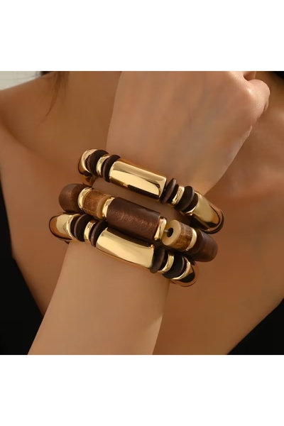 GÜNEBAKAN AKSESUAR Ahşap Boncuklu Bileklik kahverengi