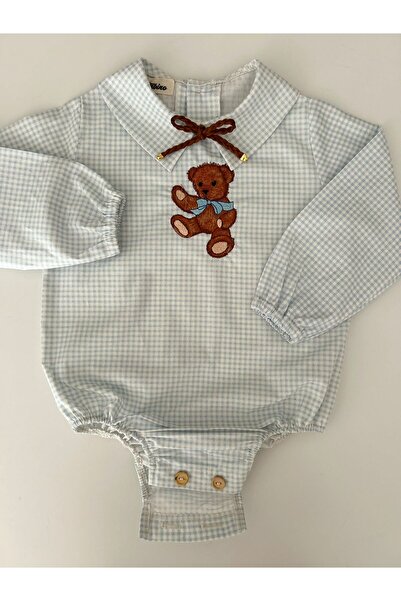 il mio bambino Handmade 100% Cotton Boys Cute Teddy Bear Embroidered Blue Plaid Shirt - Long Sleeve