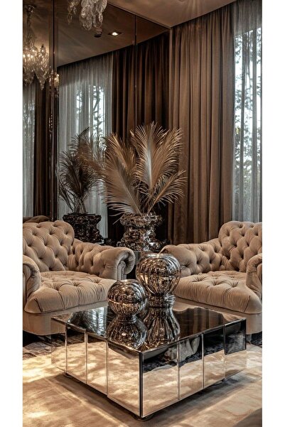 LUXURY VİLLA LUXURY KOMPLE BRONZ AYNALI TEKERLEKLİ ORTA SEHPA 70X70 YÜKSEKLİK 35CM