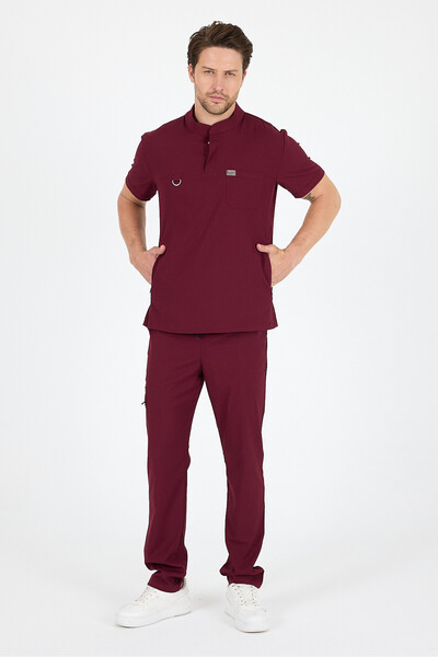 MAZEY UNİFORM زي موحد للطبيب والممرضة بياقة حاكيم من الليكرا باللون العنابي، ...