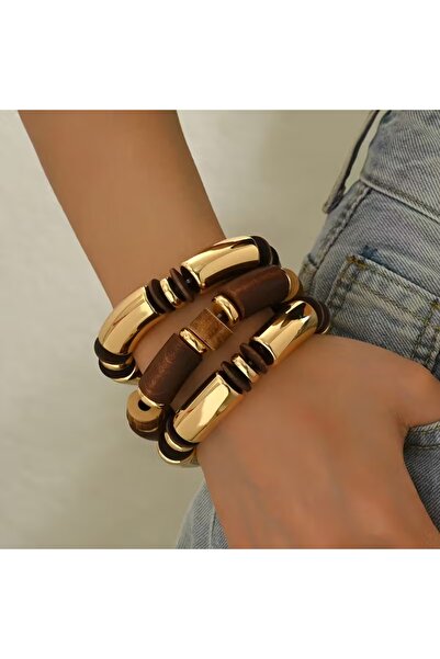 GÜNEBAKAN AKSESUAR Ahşap Boncuklu Bileklik Sarı