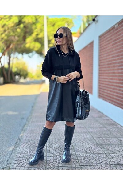 Deridün Yıldız Shoes Kadın Uzun Kollu Kapüşon Ve Deri Detay Diz üstü Elbise