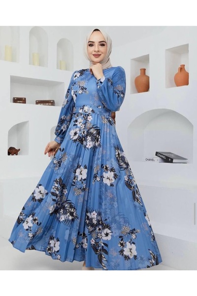 nisanurfashion Dijital Baskılı Mavi Pliseli Elbise