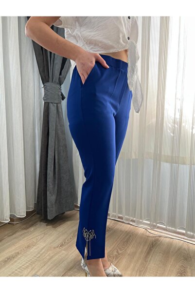 Eflatun Beli Lastikli Likralı Paça Detaylı Kumaş Pantolon