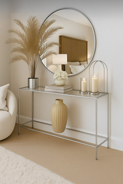 Home Elegance Metalik Gri Dresuar Kahve Köşesi Modern Konsol 100 cm Şeffaf Cam