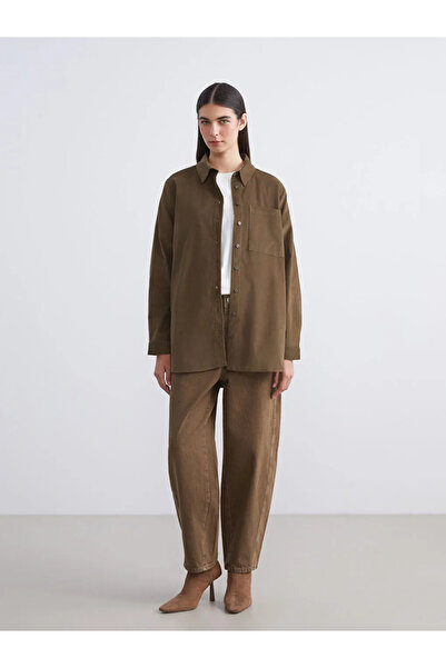 LC Waikiki LCW Modest Haki Kadife Kadın Gömlek Tunik