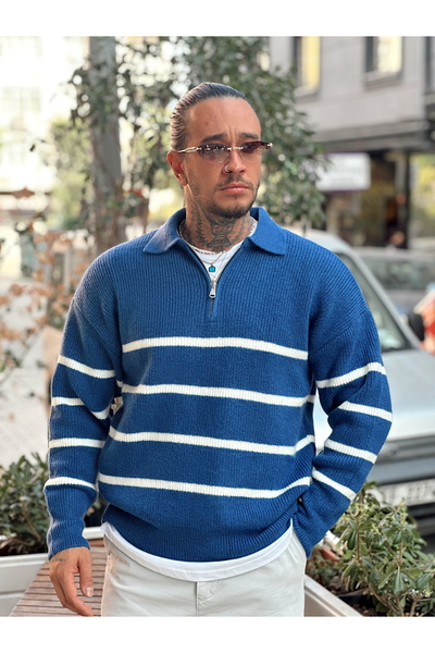 manch collection Смугастий комір на блискавці, поло-комір, трикотаж, синій