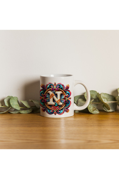 Kupa كوب بحرف N بتصميم بوهيمي، كوب هدية بتصميم خاص ملون، سعة 330 مل من البورسلين