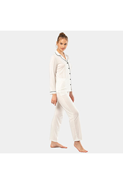 TÜREN Plain Long Sleeve Shirt Collar Pajama Suit 3365/Ecru