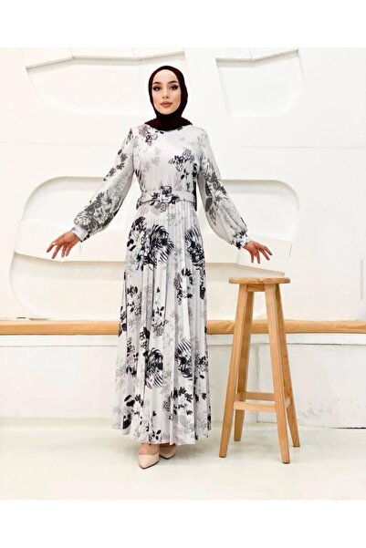 nisanurfashion Dijital Baskılı Beyaz Pliseli Elbise