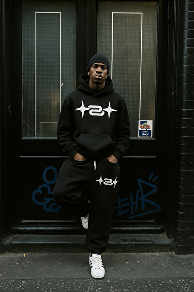 CLASSY.MODA Hanorac și pantaloni de sport unisex cu glugă cu 3 fire, supradim...