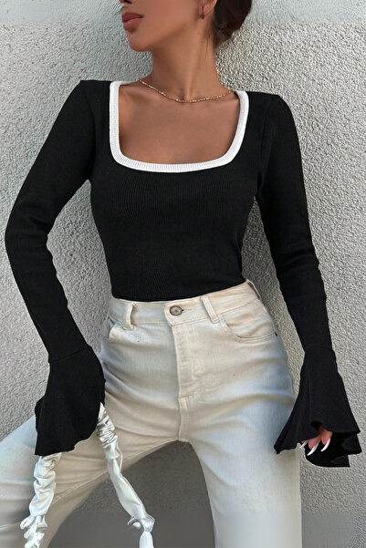 Siner Fashion Women's Black Square Neck White Detailed Ribbed Blouse
