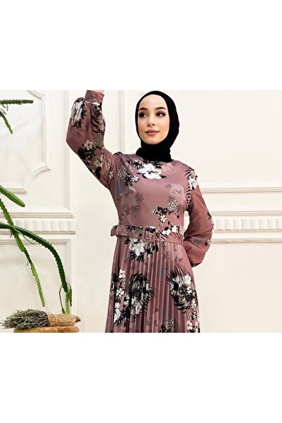 nisanurfashion Dijital Baskılı Gül Kurusu Pliseli Elbise