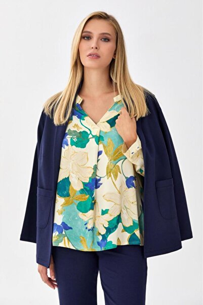 İKİLER Hakim Yaka Uzun Kol Desenli Bluz 256-3013