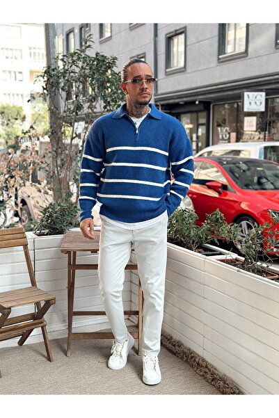 manch collection Смугастий комір на блискавці, поло-комір, трикотаж, синій