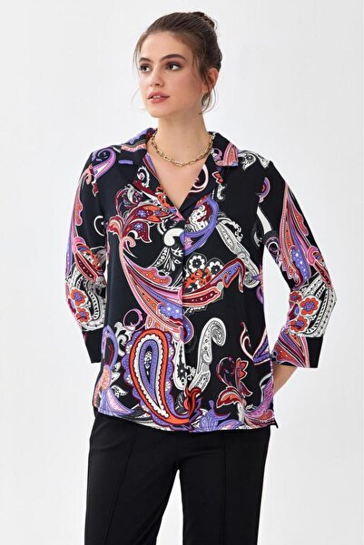 İKİLER Gömlek Yaka Önü Pileli Desenli Bluz 256-3020