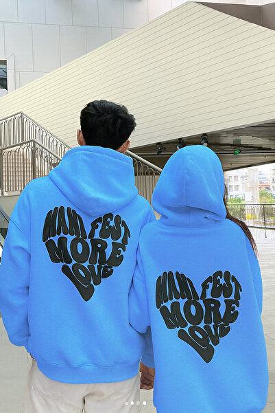 CLASSY.MODA Φούτερ με κουκούλα Unisex με 3 κλωστές, χαλαρή εφαρμογή, τσέπες καγκουρό, Manifest More Love Heart printed