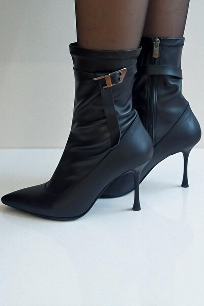 ERS Air Comfort Siyah Hakiki Deri Kadın Streç Bilekte Bot 9 cm İnce Topuk Fer...