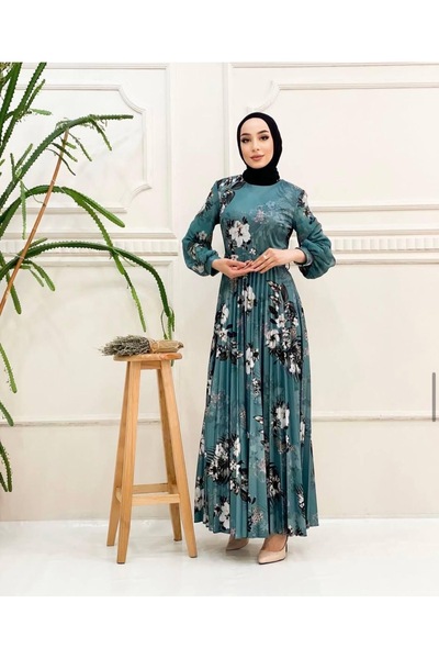nisanurfashion Dijital Baskılı Turkuaz Pliseli Elbise