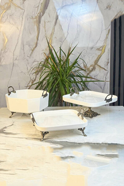 MAY HOME Antique 3-Piece Pedestal Porcelain Plate Bowl Presentation Set & Fruit Salad Dinner Cake Serving Dish with Handles