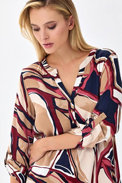 İKİLER V Yaka Önü Düğmeli Kolu Apoletli Bluz 256-3001